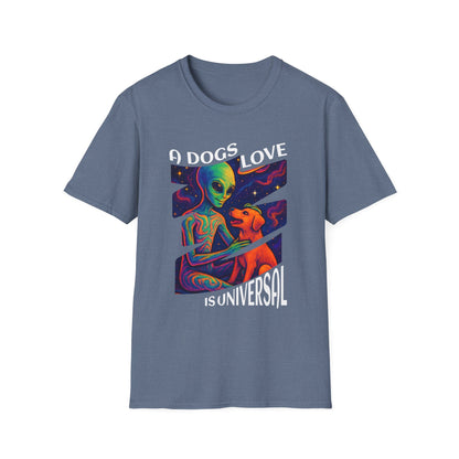 Universal Love Graphic Tee, Alien Dog Lover Shirt, Gift for Dog Owners, Unique Unisex T-Shirt, Fun Casual Wear, Cosmic Pets Apparel