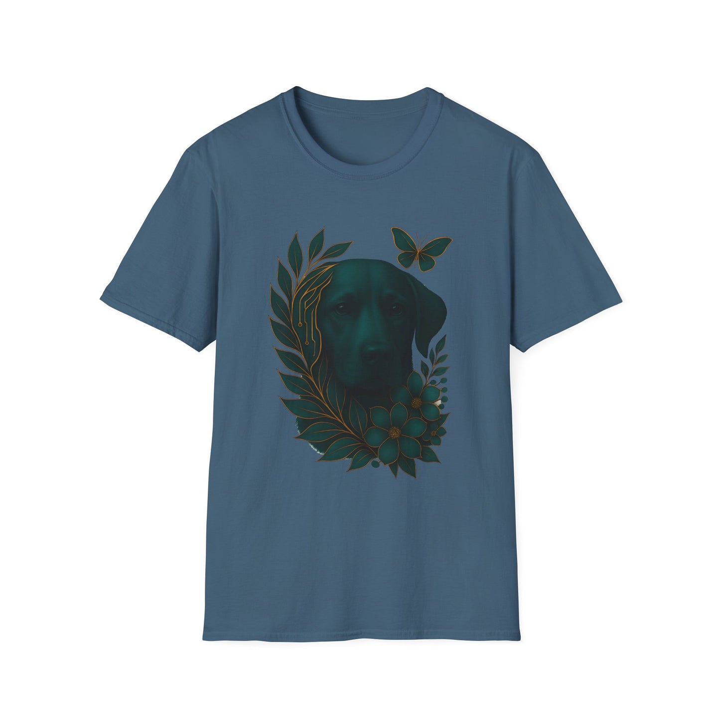 Cyber Floral Dog Silhouette T-Shirt - Unisex Softstyle Tee, Pet Lover Gift, Nature-Inspired Apparel, Casual Wear, Birthday Gift, Spring Fashion