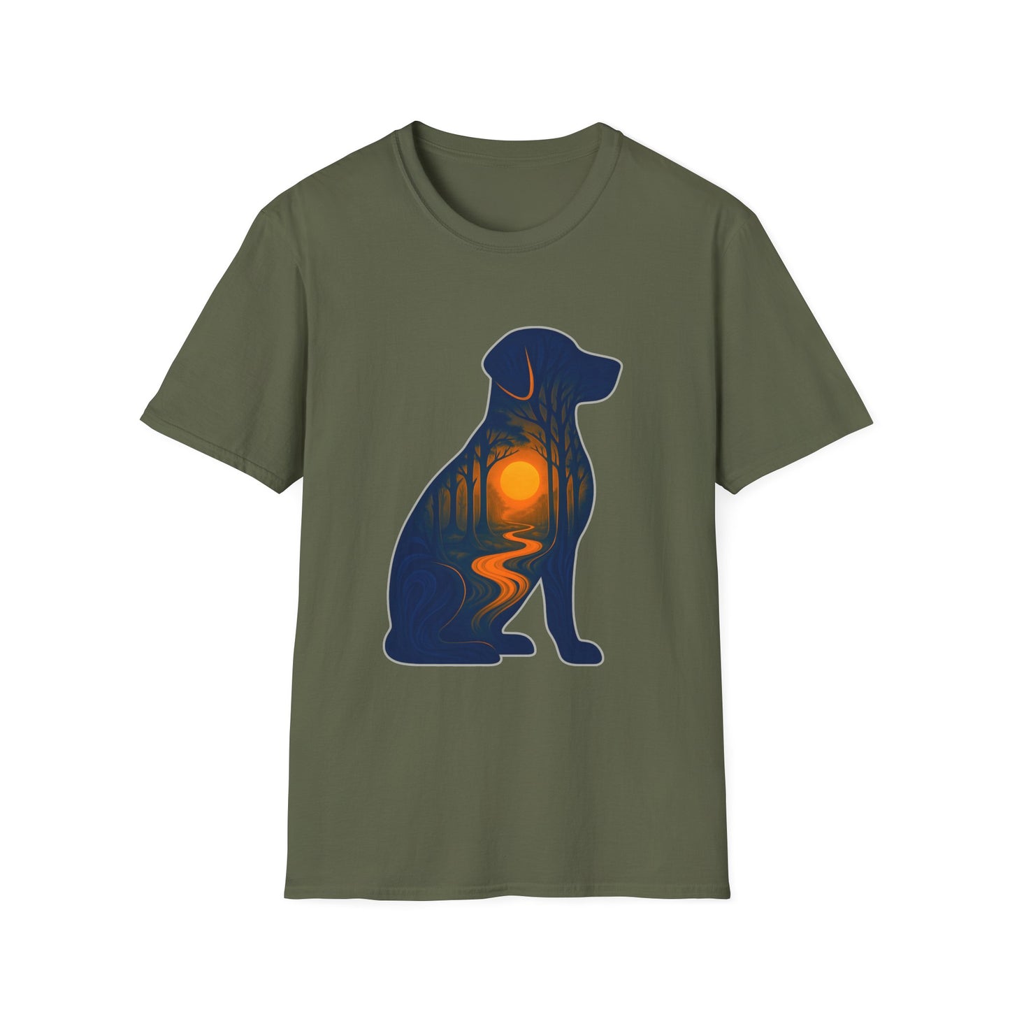 Sunset Dog Silhouette Nature Forest Adventure Unisex Softstyle T-Shirt | Perfect Gift for Pet Lovers, Nature Enthusiasts, Summer Wear, Gift for Dog Owners.
