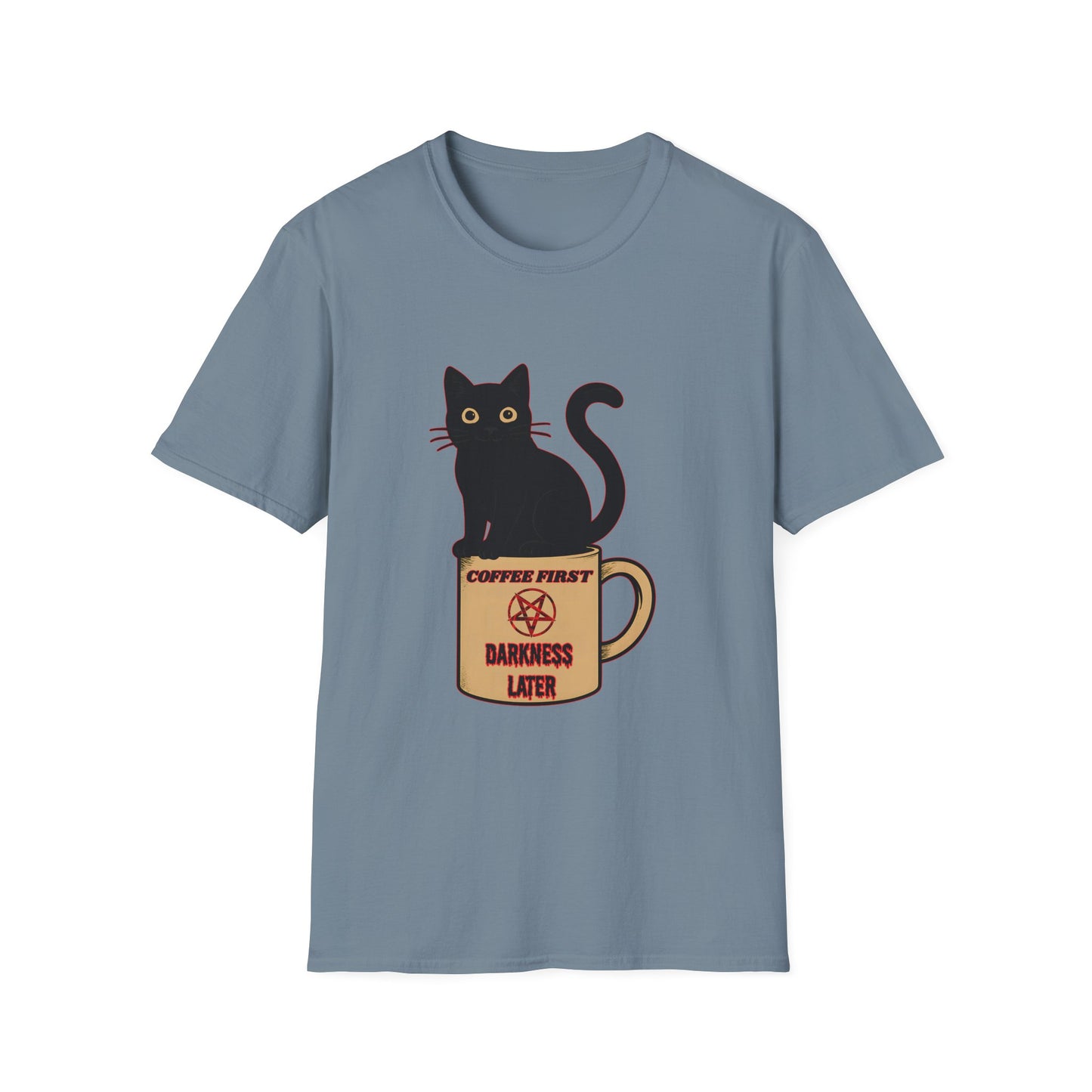 Coffee First, Darkness Later Cat T-Shirt, Unisex Tee for Cat Lovers, Perfect Gift for Halloween, Casual Wear, Comfortable Cotton Tee