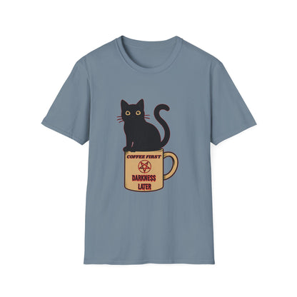 Coffee First, Darkness Later Cat T-Shirt, Unisex Tee for Cat Lovers, Perfect Gift for Halloween, Casual Wear, Comfortable Cotton Tee