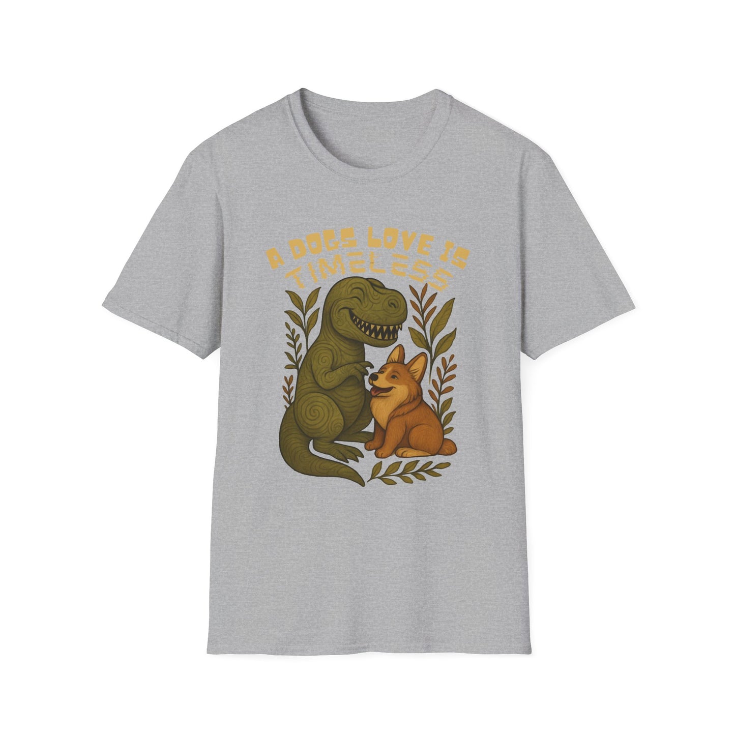 Timeless Love T-Shirt, Cute Dino and Dog Design, Pet Lover Gift, Unisex Apparel, Animal Lover Shirt, Casual Wear, Gift for Dog Owners