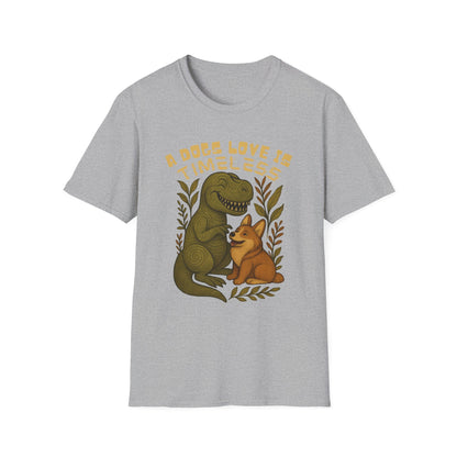 Timeless Love T-Shirt, Cute Dino and Dog Design, Pet Lover Gift, Unisex Apparel, Animal Lover Shirt, Casual Wear, Gift for Dog Owners