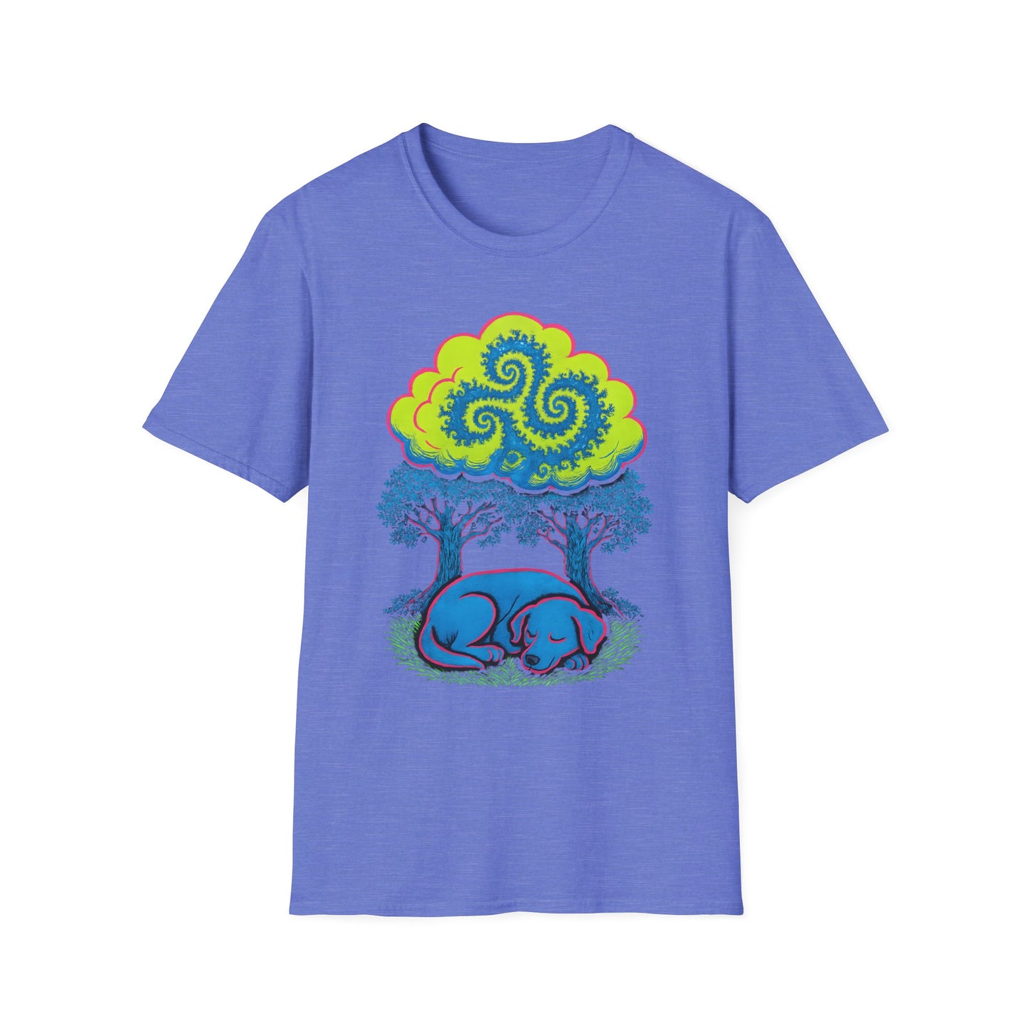 Psychedelic Sleeping Dog T-Shirt with Trippy Fractals, Gift for Nature Lovers, Unisex Tee, Festival Wear, Boho Style, Eco-Friendly Clothing