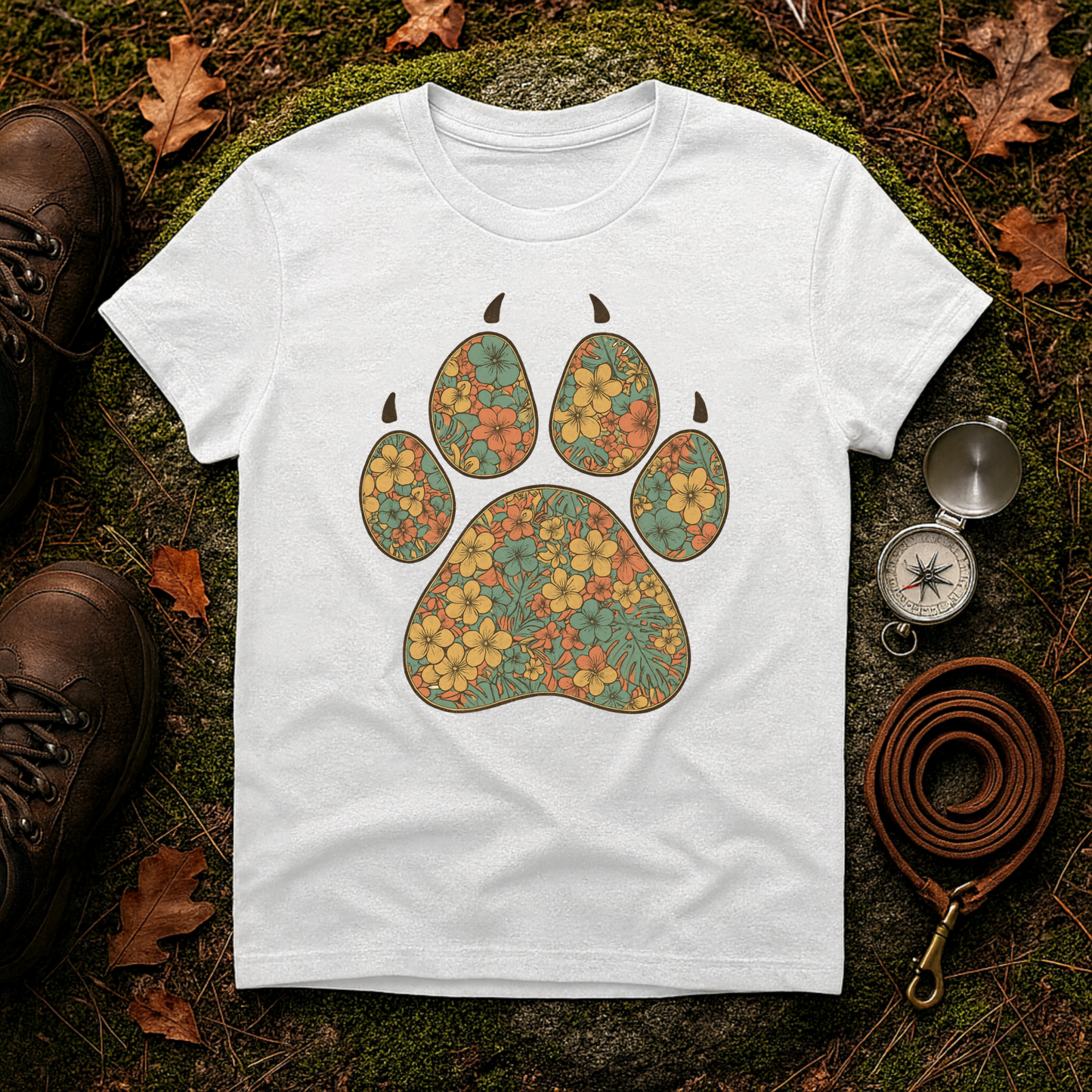 Vintage Tropical Floral Paw Print T-Shirt | Dog Lover Graphic Tee