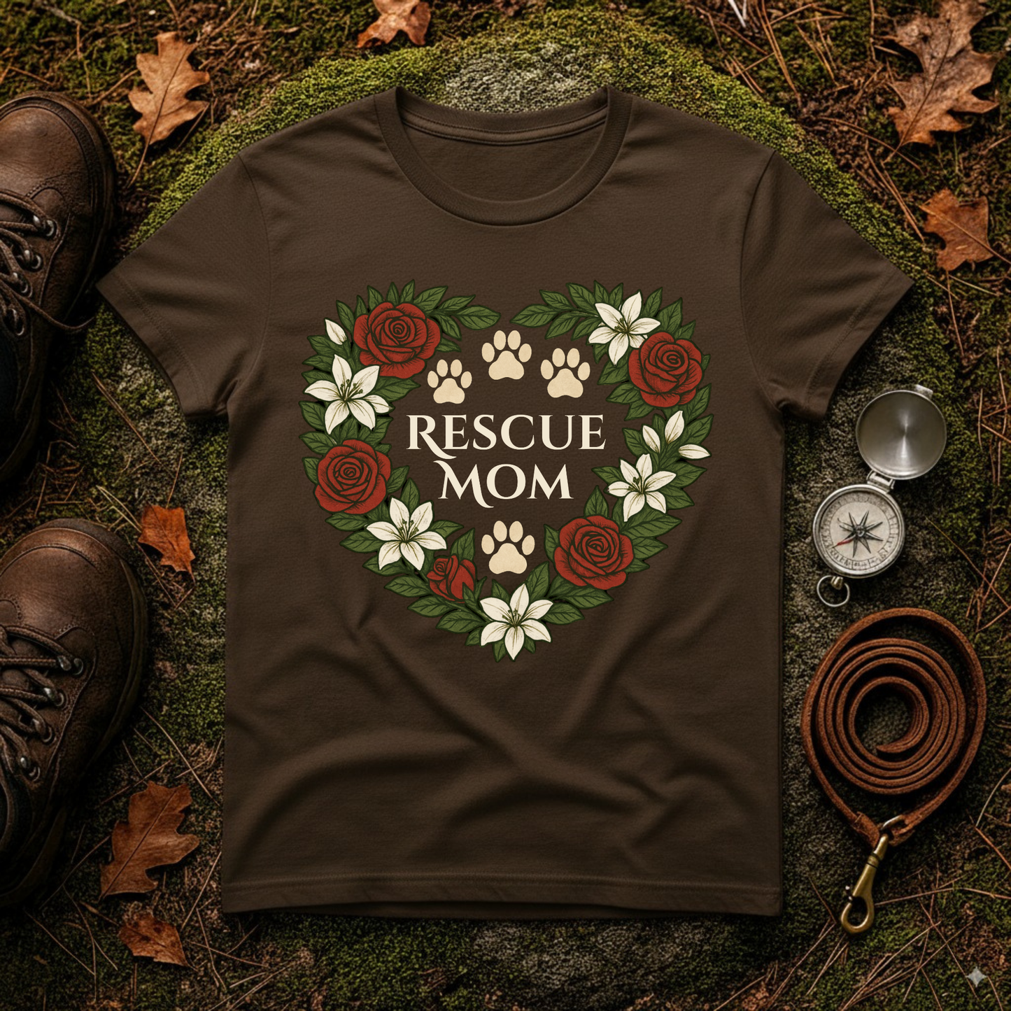Rescue Mom Floral Paw Print Dog Lover T-Shirt