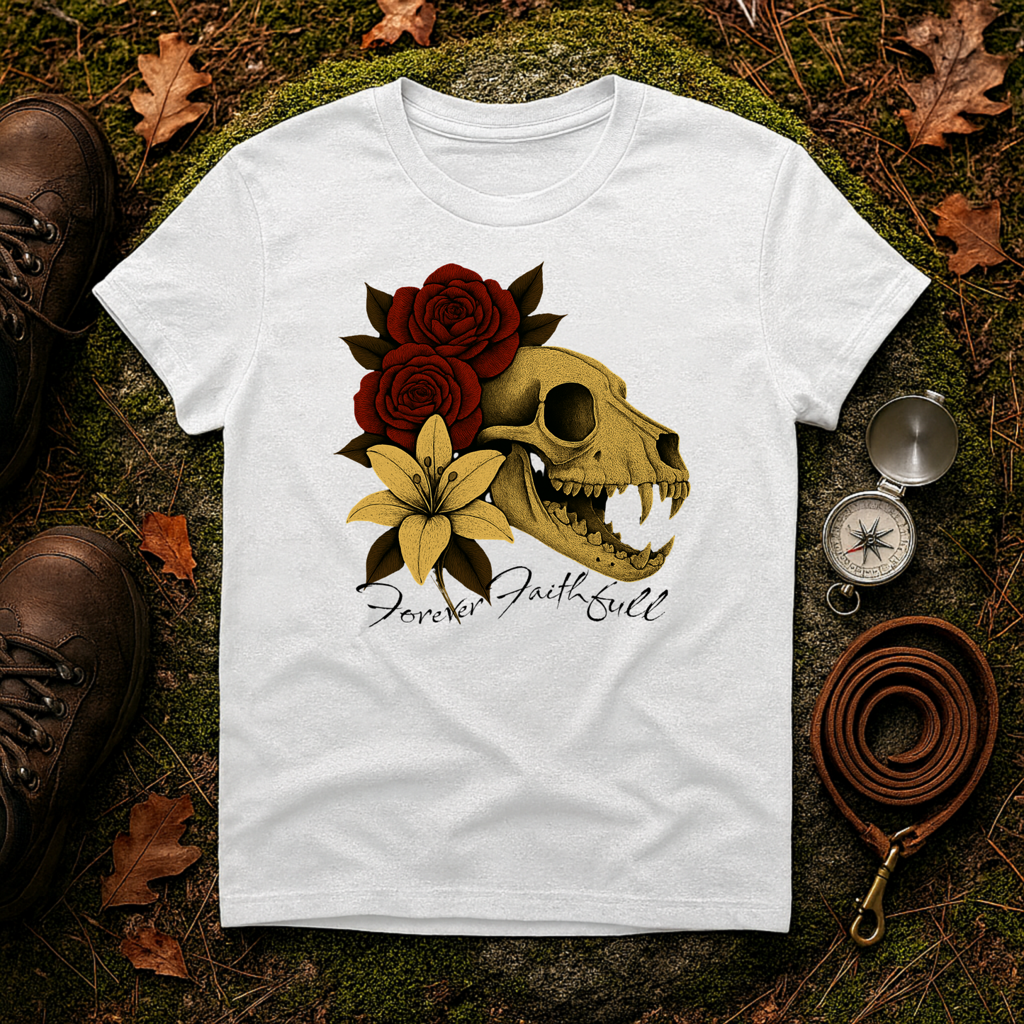 Forever Faithful Dog Skull Floral Gothic T-Shirt