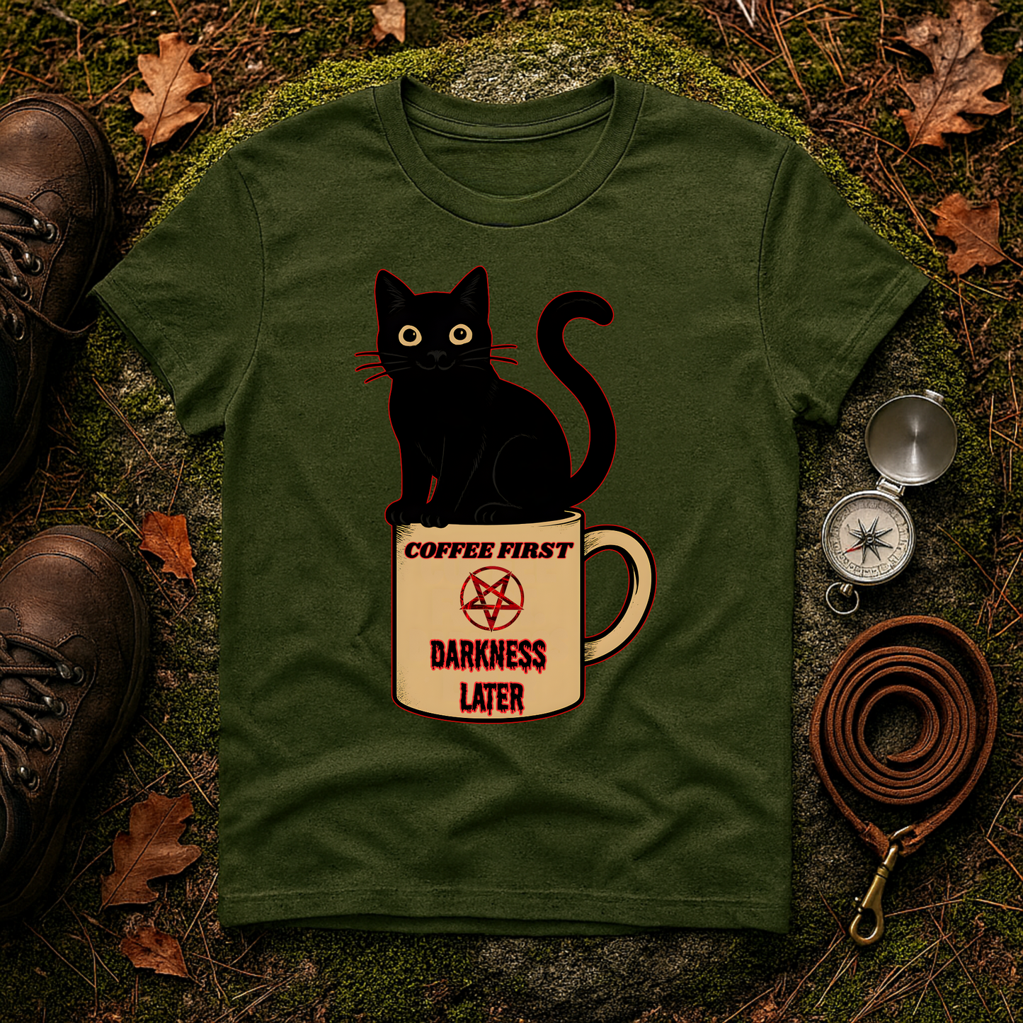 Coffee First, Darkness Later Cat T-Shirt, Unisex Tee for Cat Lovers, Perfect Gift for Halloween, Casual Wear, Comfortable Cotton Tee