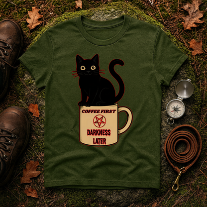 Coffee First, Darkness Later Cat T-Shirt, Unisex Tee for Cat Lovers, Perfect Gift for Halloween, Casual Wear, Comfortable Cotton Tee