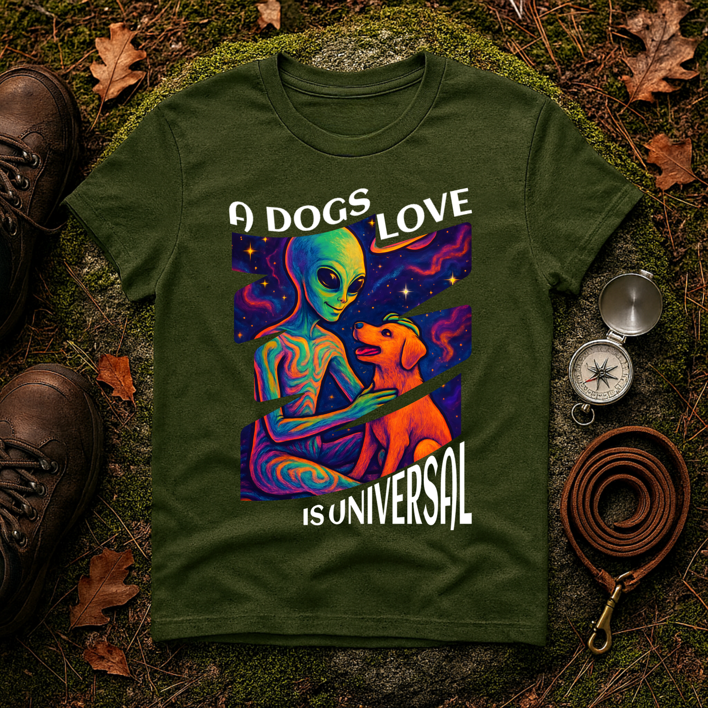 Universal Love Graphic Tee, Alien Dog Lover Shirt, Gift for Dog Owners, Unique Unisex T-Shirt, Fun Casual Wear, Cosmic Pets Apparel