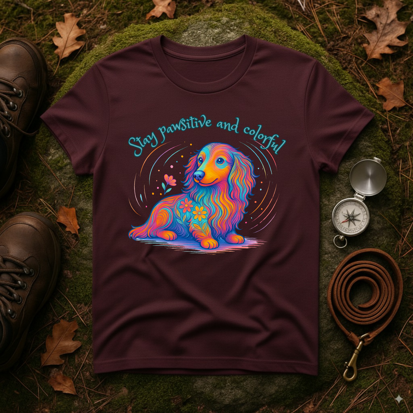 Colorful Dachshund Shirt – Stay Pawsitive Dog Tee