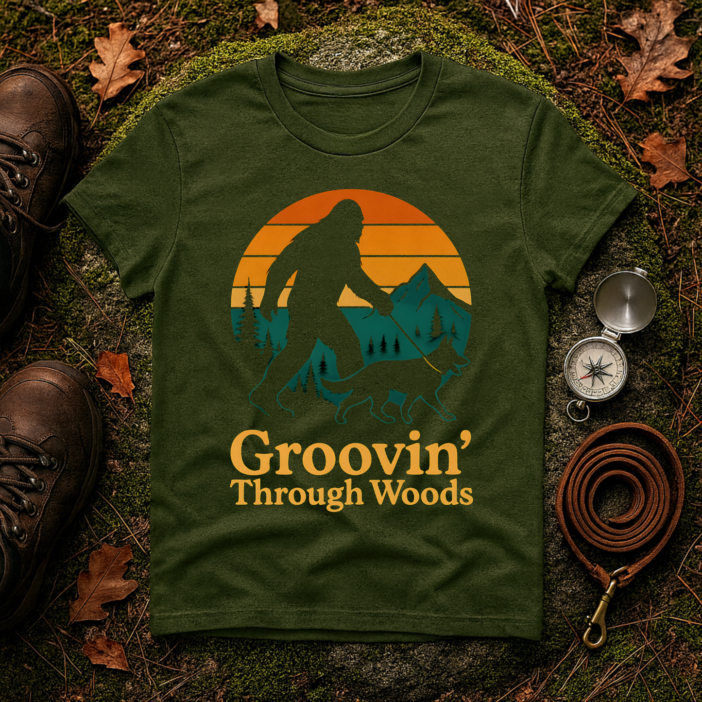 Bigfoot Walking Dog T-Shirt Funny Hiking Pet Lover Tee, Nature Lover Gift, Outdoor Enthusiast Apparel, Groovin' Through Woods Shirt