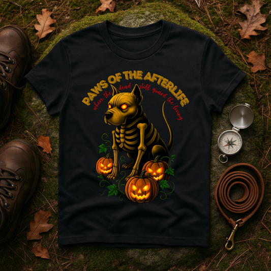 Paws of the Afterlife Pitbull Skeleton Halloween T-Shirt