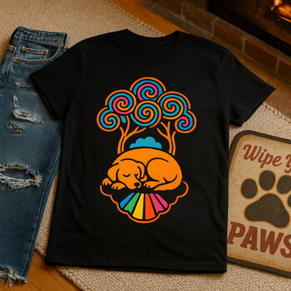 Colorful Sleeping Dog Trippy Tree Psychedelic T-Shirt , Comfortable Tee, Gift for Dog Lovers, Casual Style, Fun and Colorful Graphic