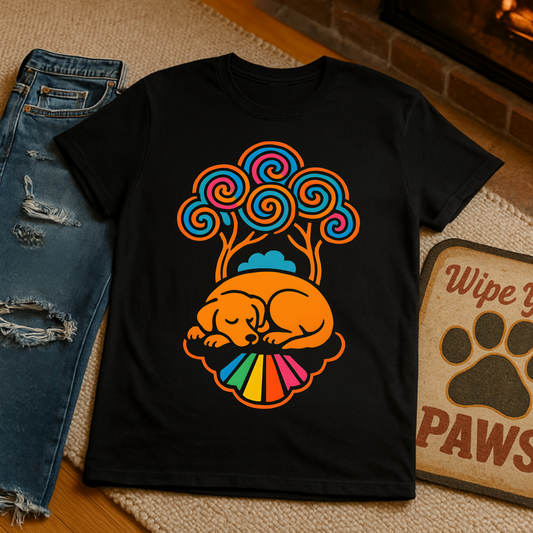 Colorful Sleeping Dog Trippy Tree Psychedelic T-Shirt , Comfortable Tee, Gift for Dog Lovers, Casual Style, Fun and Colorful Graphic