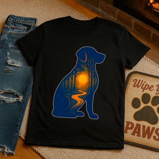 Sunset Dog Silhouette Nature Forest Adventure Unisex Softstyle T-Shirt | Perfect Gift for Pet Lovers, Nature Enthusiasts, Summer Wear, Gift for Dog Owners.