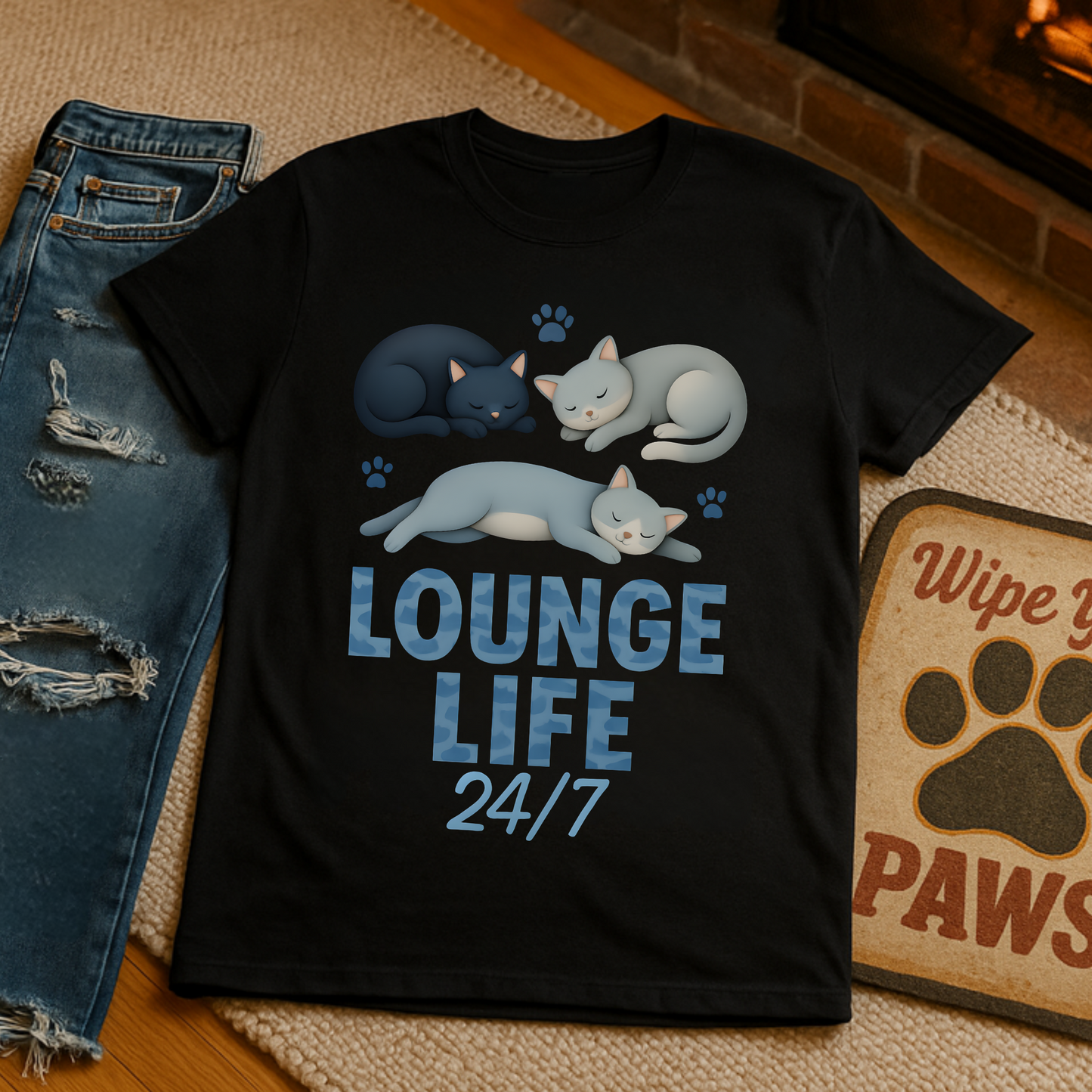 Lounge Life 24/7 Cute Sleeping Cats Funny T-Shirt,Gift for Cat Owners, Cat-Themed Apparel