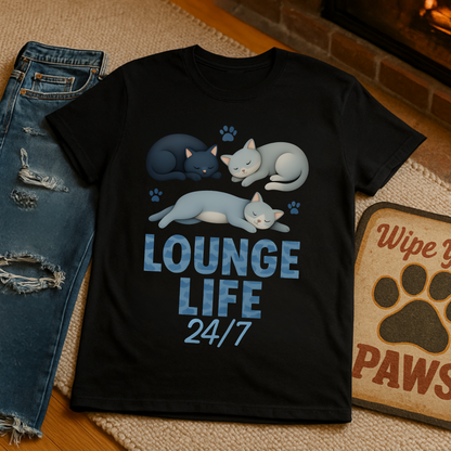 Lounge Life 24/7 Cute Sleeping Cats Funny T-Shirt,Gift for Cat Owners, Cat-Themed Apparel