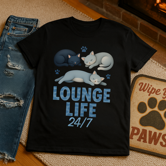 Lounge Life 24/7 Cute Sleeping Cats Funny T-Shirt,Gift for Cat Owners, Cat-Themed Apparel
