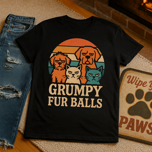 Grumpy Fur Balls Funny Cat and Dog T-Shirt for Pet Lovers.Funny Animal Shirt, Gifts for Dog Owners, Cat Lover Apparel, Cute Pet Humor