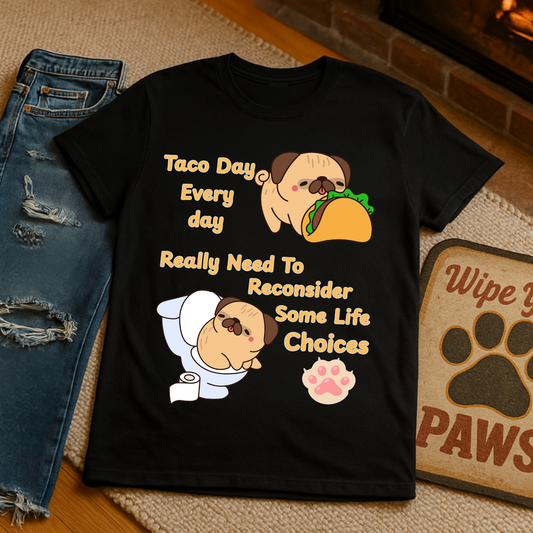 Taco-Themed T-Shirt, Perfect for Taco Lovers, Funny Gift for Foodies, Casual Wear, Pug Lover Shirt