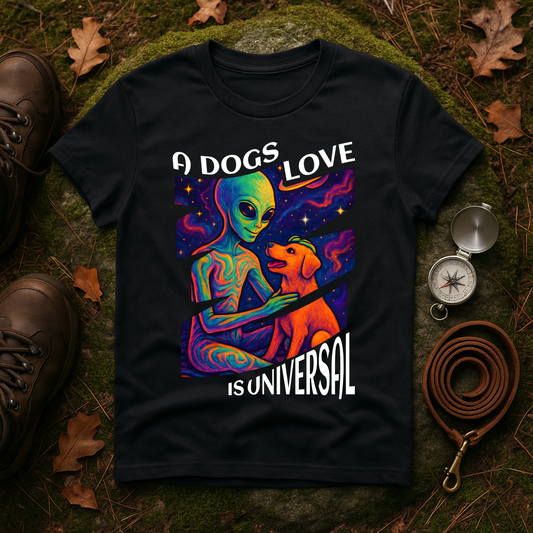 Universal Love Graphic Tee, Alien Dog Lover Shirt, Gift for Dog Owners, Unique Unisex T-Shirt, Fun Casual Wear, Cosmic Pets Apparel