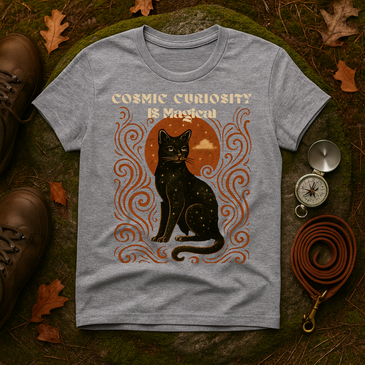 Cosmic Curiosity Black Cat T-Shirt, Magical Tee, Cat Lover Gift, Witchy Apparel, Autumn Outfit, Halloween Shirt