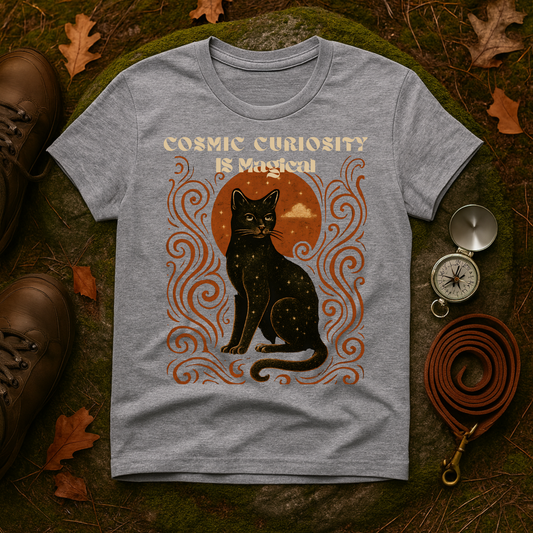 Cosmic Curiosity Black Cat T-Shirt, Magical Tee, Cat Lover Gift, Witchy Apparel, Autumn Outfit, Halloween Shirt