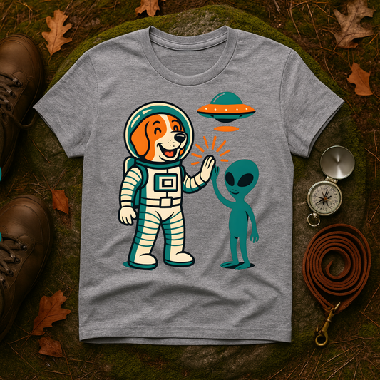 Alien High Five Dog T-Shirt – Funny Space Dog Tee for Animal Lovers, Casual Wear
