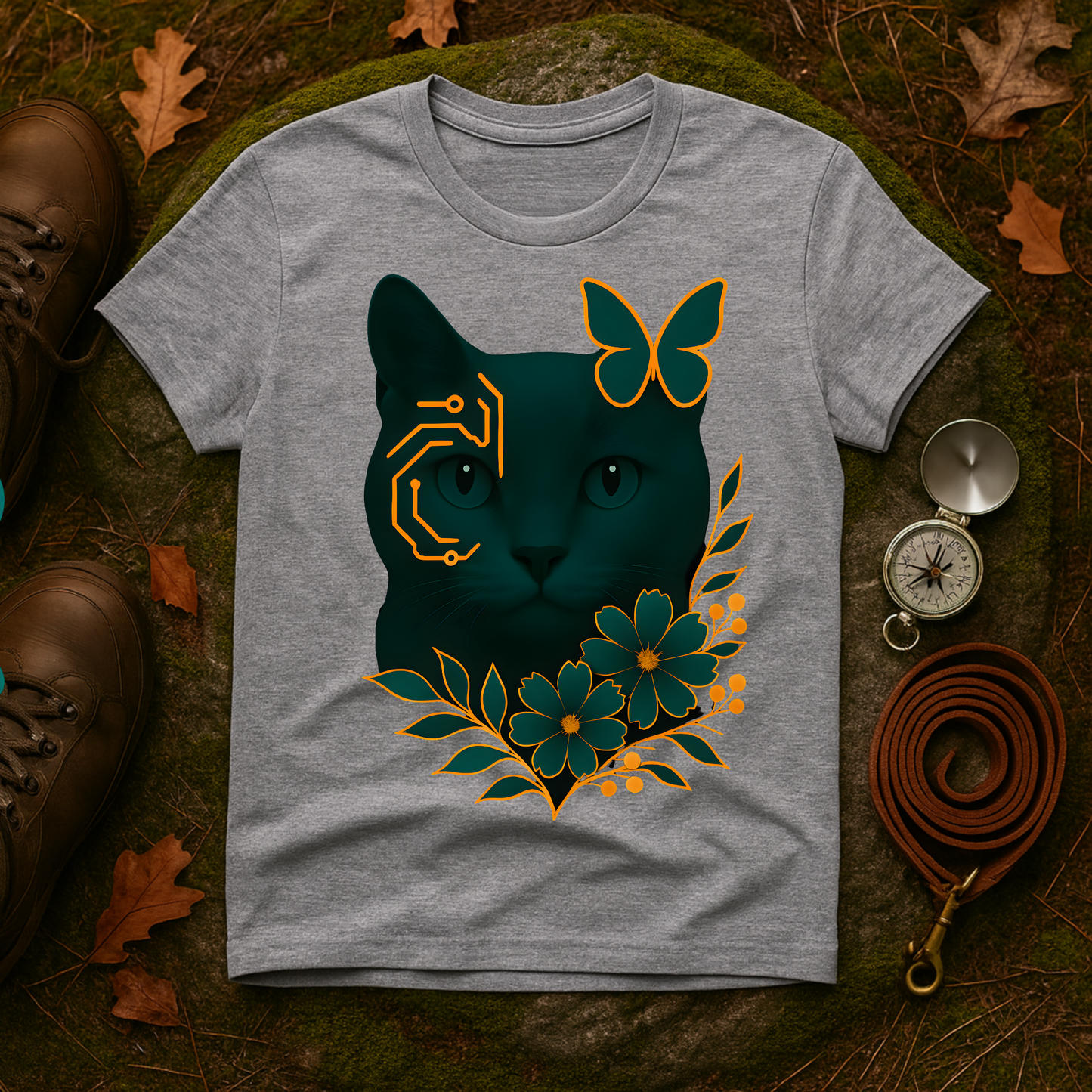 Cyber Floral Cat T-Shirt – Futuristic Cat Lover Tee, Nature Inspired Tee, Animal Print Shirt, Butterfly Art Design