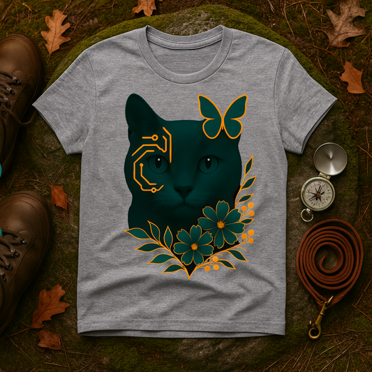 Cyber Floral Cat T-Shirt – Futuristic Cat Lover Tee, Nature Inspired Tee, Animal Print Shirt, Butterfly Art Design