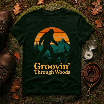 Bigfoot Walking Dog T-Shirt Funny Hiking Pet Lover Tee, Nature Lover Gift, Outdoor Enthusiast Apparel, Groovin' Through Woods Shirt