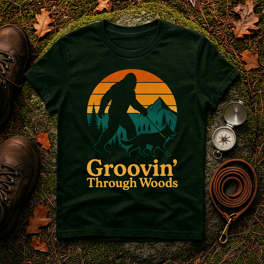 Bigfoot Walking Dog T-Shirt Funny Hiking Pet Lover Tee, Nature Lover Gift, Outdoor Enthusiast Apparel, Groovin' Through Woods Shirt