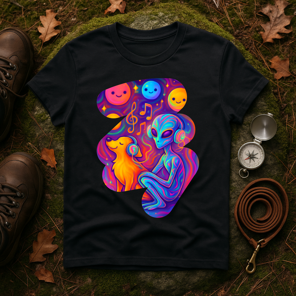 Psychedelic Alien Dog Headphones T-Shirt