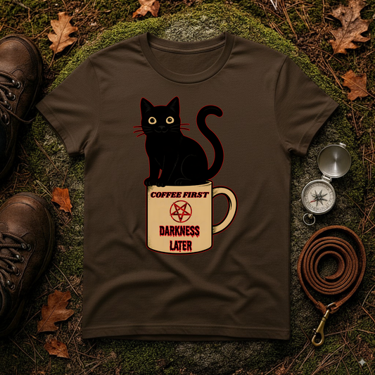 Coffee First, Darkness Later Cat T-Shirt, Unisex Tee for Cat Lovers, Perfect Gift for Halloween, Casual Wear, Comfortable Cotton Tee