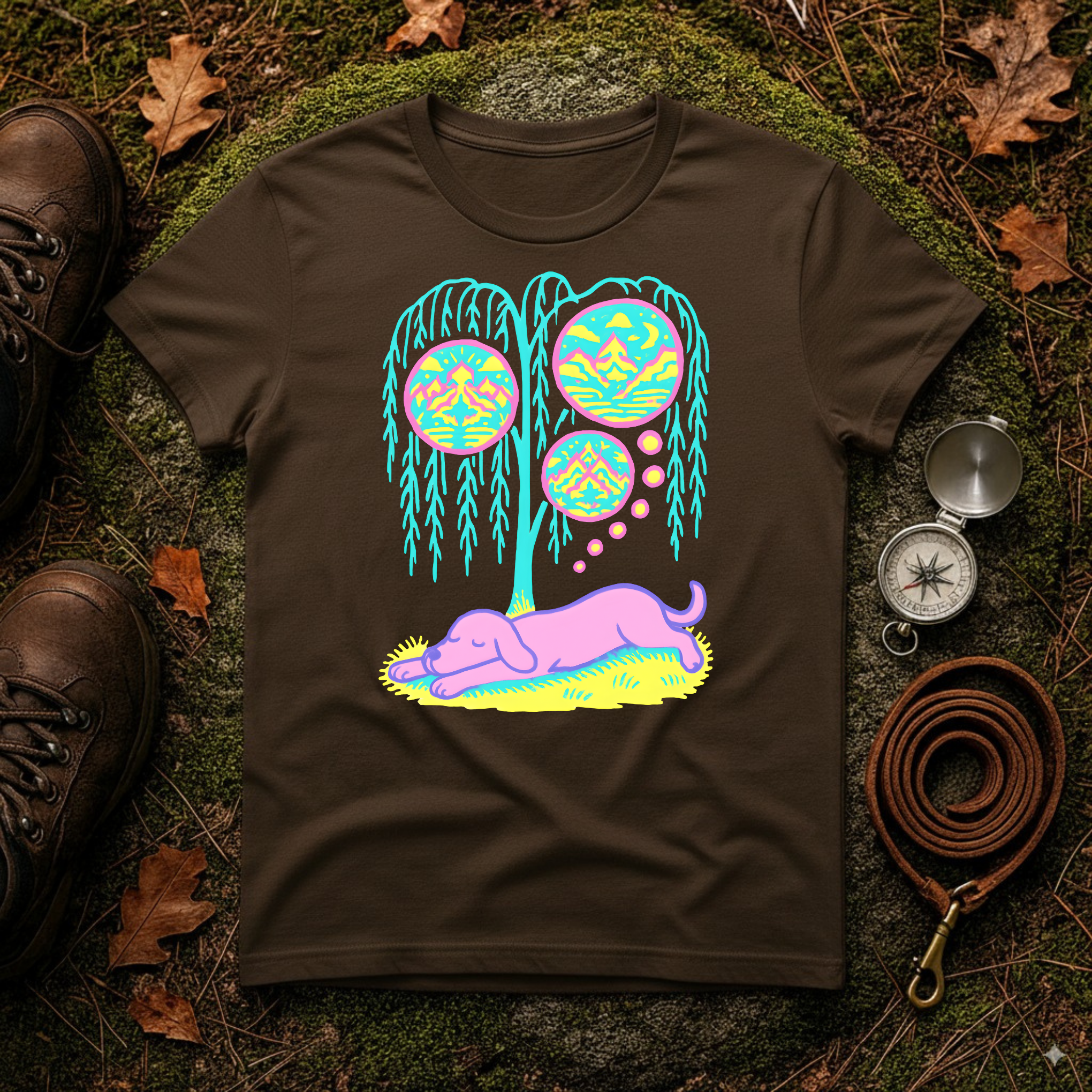 Vibrant Dreaming Dog Psychedelic Nature Art Colorful T-Shirt