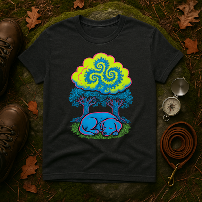 Psychedelic Sleeping Dog T-Shirt with Trippy Fractals, Gift for Nature Lovers, Unisex Tee, Festival Wear, Boho Style, Eco-Friendly Clothing