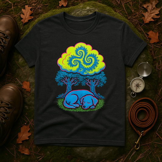 Psychedelic Sleeping Dog T-Shirt with Trippy Fractals, Gift for Nature Lovers, Unisex Tee, Festival Wear, Boho Style, Eco-Friendly Clothing