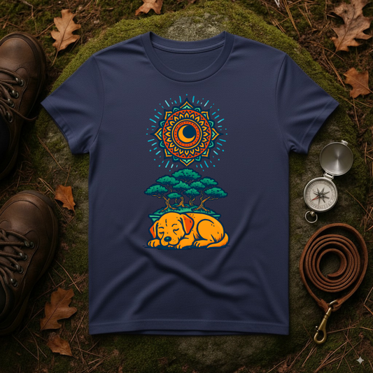 Zen Sleeping Dog T-Shirt with Bonsai and Mandala Art, Cozy Summer Shirt, Casual Wear, Gift for Dog Lovers, Unique Unisex T-Shirt