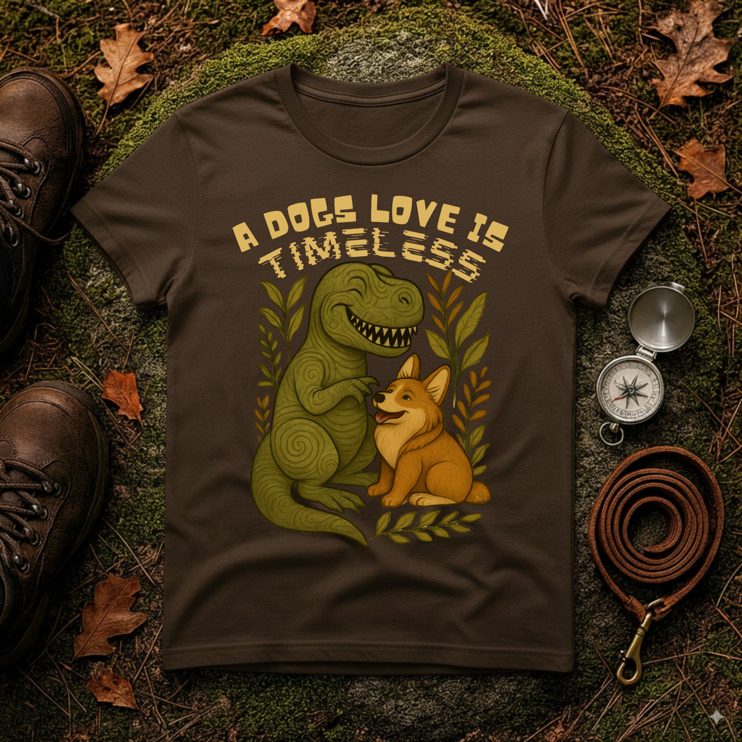 Timeless Love T-Shirt, Cute Dino and Dog Design, Pet Lover Gift, Unisex Apparel, Animal Lover Shirt, Casual Wear, Gift for Dog Owners