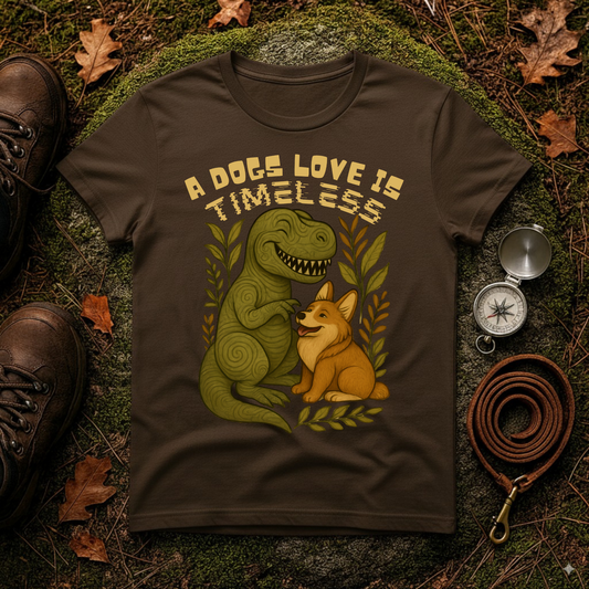 Timeless Love T-Shirt, Cute Dino and Dog Design, Pet Lover Gift, Unisex Apparel, Animal Lover Shirt, Casual Wear, Gift for Dog Owners
