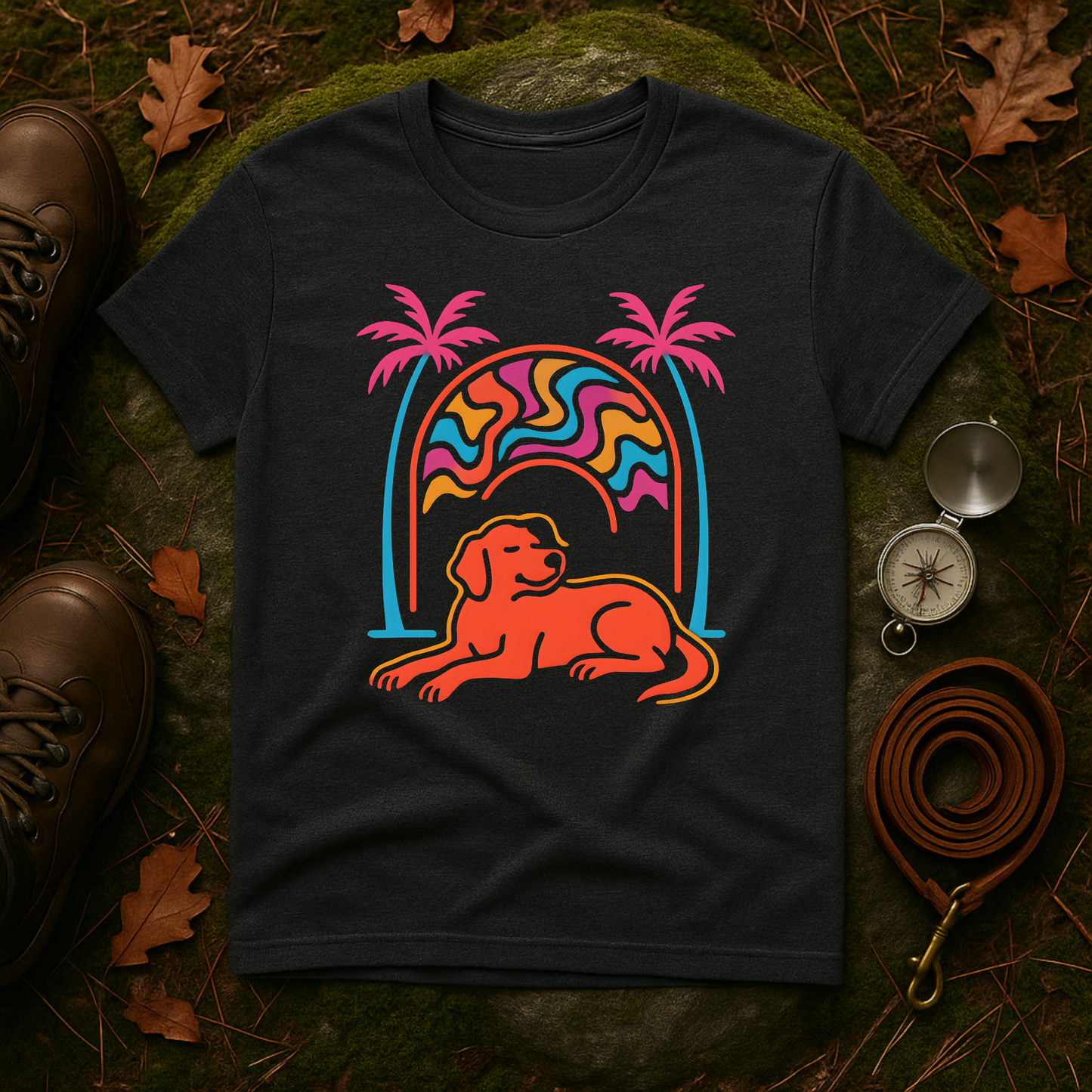 Psychedelic Dog Palm Trees Tee - Retro Sunset