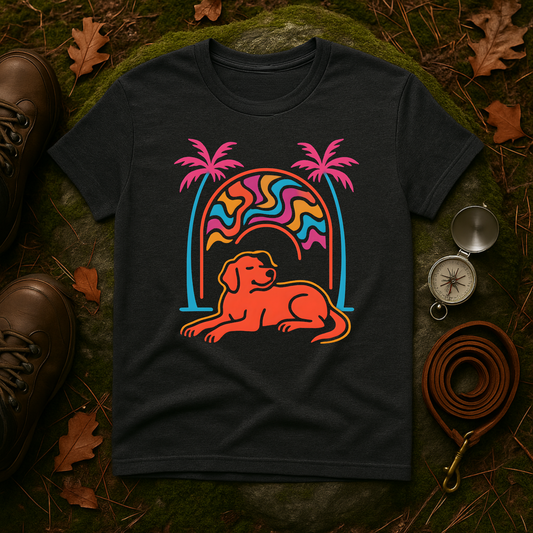 Psychedelic Dog Palm Trees Tee - Retro Sunset