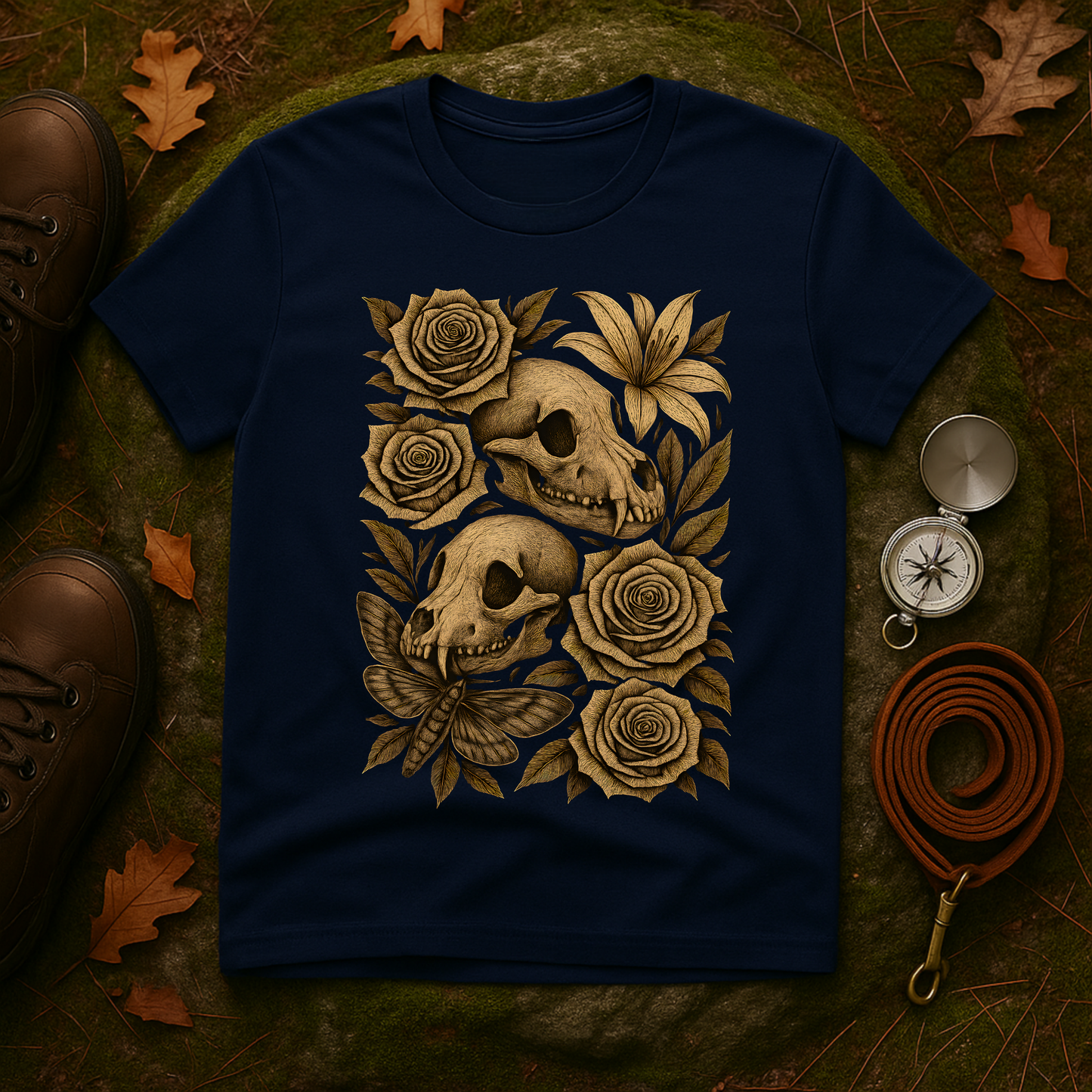 Gothic Floral Skull Tee — Animal Skull & Roses