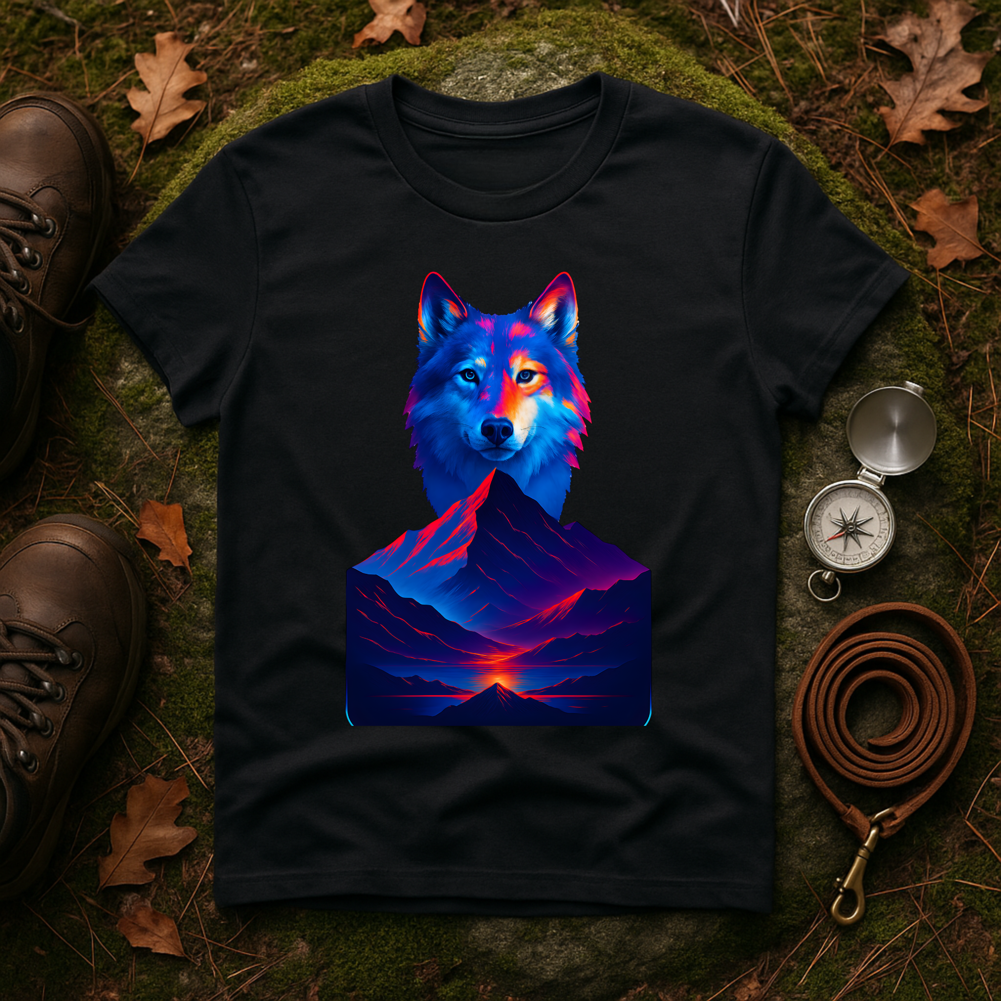 Neon Wolf and Mountain Sunset Spirit Animal T-Shirt