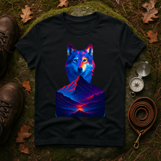 Neon Wolf and Mountain Sunset Spirit Animal T-Shirt
