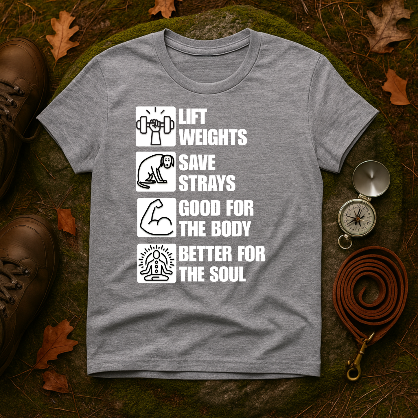Lift Weights Save Strays T-Shirt | Fitness Dog Rescue Tee