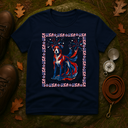 Patriotic Dog T-Shirt | USA Flag Fireworks Graphic Tee