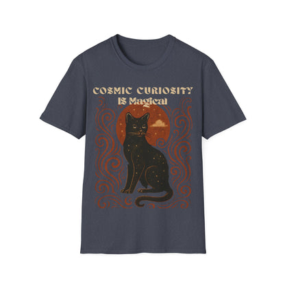 Cosmic Curiosity Black Cat T-Shirt, Magical Tee, Cat Lover Gift, Witchy Apparel, Autumn Outfit, Halloween Shirt