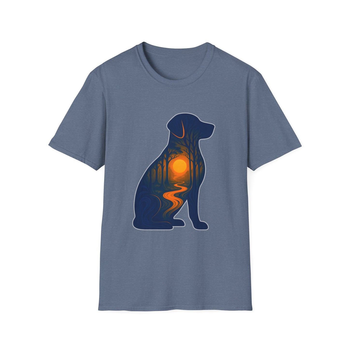 Sunset Dog Silhouette Nature Forest Adventure Unisex Softstyle T-Shirt | Perfect Gift for Pet Lovers, Nature Enthusiasts, Summer Wear, Gift for Dog Owners.